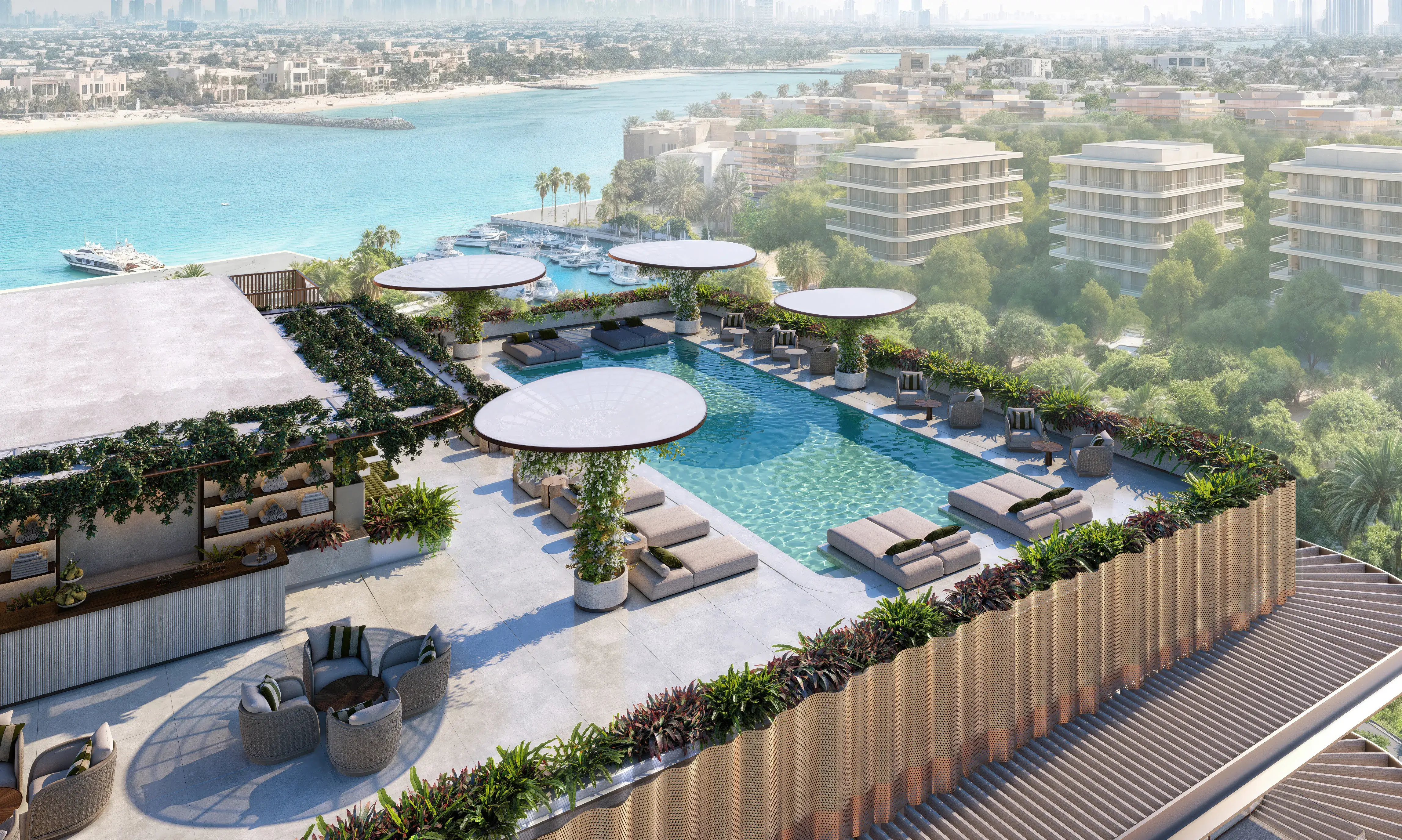 Avida rooftop pool with cabanas and sea view